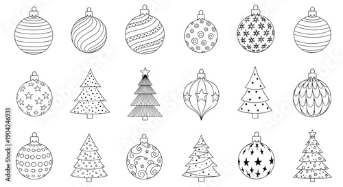 Large collection of diverse Christmas baubles and stylized pine tree icons in clean black and white line art style.