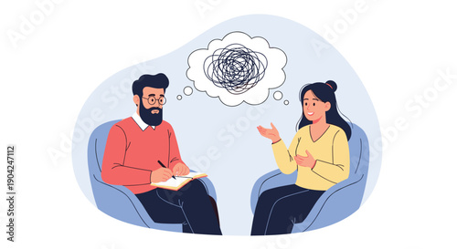 Professional mental health specialist listening to patient expressing complex thoughts during therapy session in quiet office.