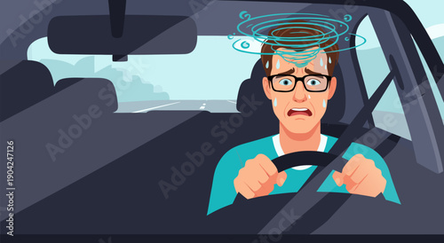 Dizzy driver vector illustration, driver feeling unwell and nauseous while driving, health hazard on the road