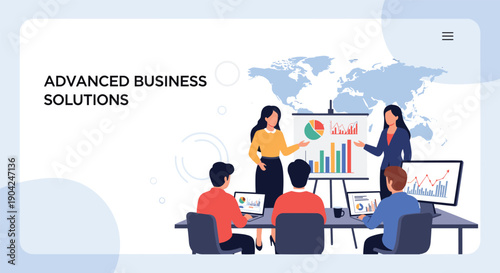 Business team members collaborating on global strategy while analyzing data charts and graphs during an office presentation.
