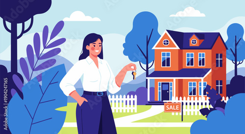 Vector illustration of a woman holding keys in front of a house for sale, symbolizing home ownership and real estate transactions
