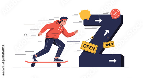 Active person riding a skateboard quickly toward a giant letter Z representing fast delivery and open business hours for customers.
