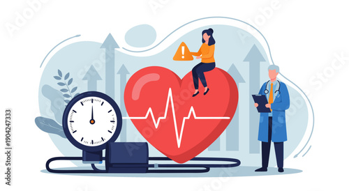 Vector illustration of a doctor monitoring heart health and blood pressure, symbolizing cardiology and vital signs