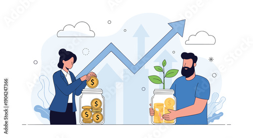 Couple working together to save money in glass jars representing financial planning and long-term investment for a secure future.