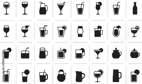 Beverage and glass element set, solid icon vector