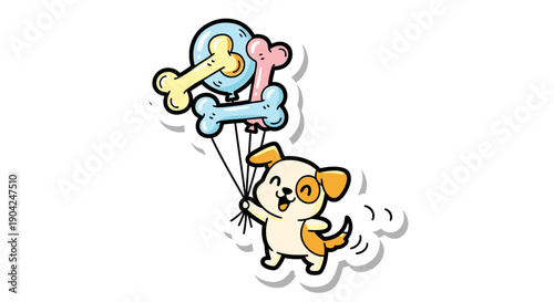 Cute Kawaii Dog Holding Bone Balloons, Sticker Style Illustration