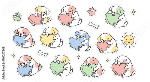 Cute Kawaii Puppies Holding Hearts Sticker Style Set
