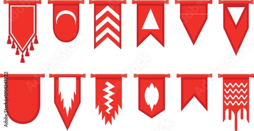 Collection of decorative red banners featuring geometric shapes, tassels, zigzags, flames, and dripping effects in vector illustration design for creative projects