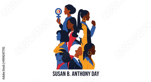 Illustration of diverse women celebrating Susan B. Anthony Day with a focus on women's voting rights and activism in America.