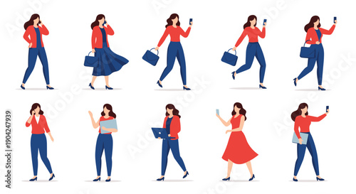 Array of professional woman character poses showing her walking and using various devices like phones and laptops for daily work.
