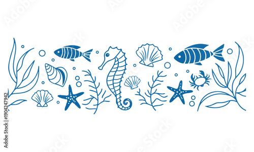 Seafood and marine animal outline illustration bundle vector illustration, easily editable.