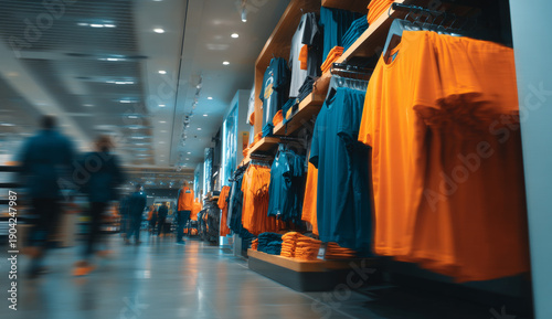 Sportswear store display featuring vibrant orange and blue athletic clothing with textured fabrics, polyester material, and modern style in a retail environment
