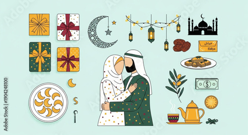 Muslim Couple Embracing Surrounded by Ramadan Symbols and Gifts.