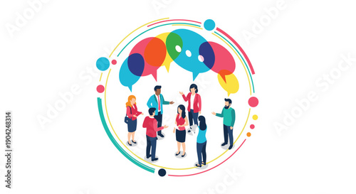 Group of diverse business people standing in a circle having a meeting with colorful speech bubbles above them.