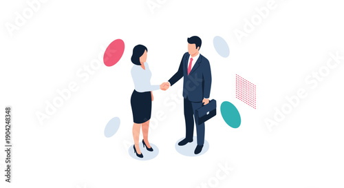 Professional businessman and businesswoman shaking hands to finalize a deal or partnership on a clean white background.