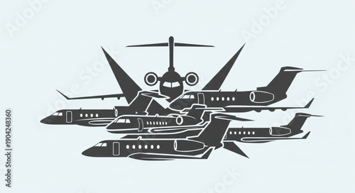 Multiple private jet airplanes arranged in a graphic design.
