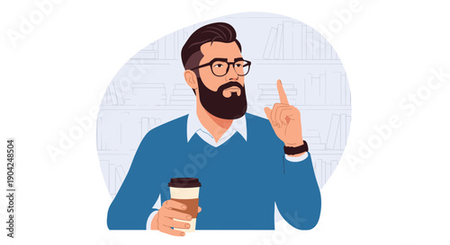 Bearded professional man wearing glasses holding a coffee cup and raising his finger as he comes up with a new idea.