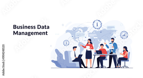 Business data management concept showing a team of professionals analyzing global information with a world map backdrop.