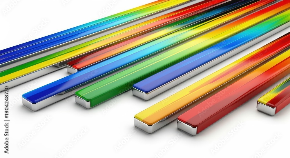 Fototapeta premium Rows of elongated, colorful, glossy metallic bars are arranged diagonally across a white background.