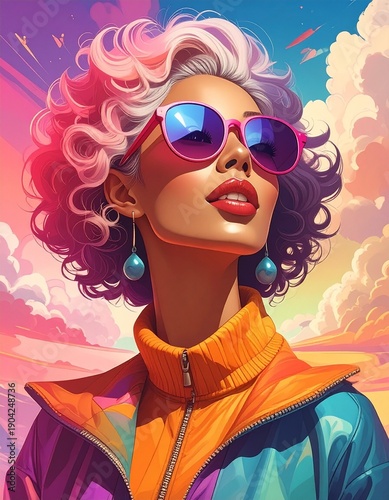 Colorful digital portrait of a woman in sunglasses with sky background, vibrant colors