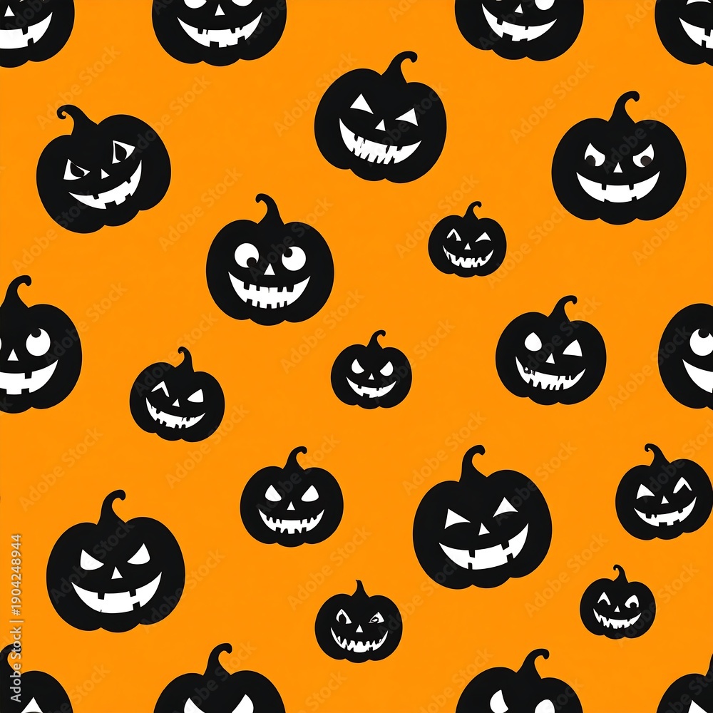 Obraz premium Black grinning pumpkin silhouettes pattern on an orange background