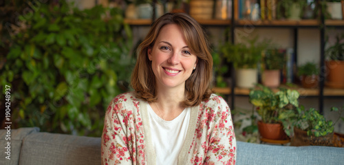 Smiling professional woman with shoulder-length light brown hair wearing a floral cardigan over a white top in a cozy indoor setting with green plants and shelving behind her