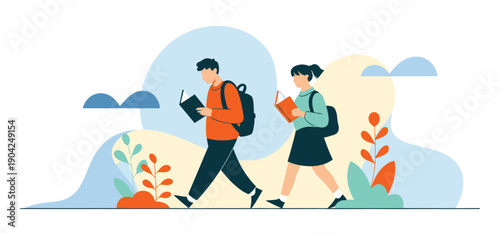 Students Walking to School vector illustration, boy and girl carrying backpacks and reading books, education journey concept, isolated on white background, perfect for educational content, websites, i