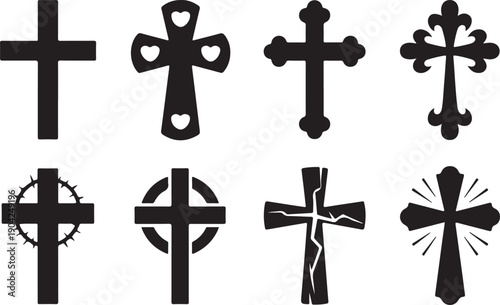 Christian cross silhouette icon set – filled style religious symbols for faith and spirituality, celtic cross, crucifix, inri, thorn crown, ornate cross, plain cross, broken cross, radiant cross