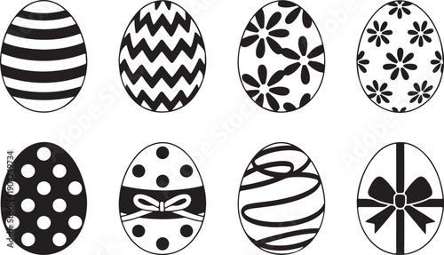 Collection of eight decorative easter egg silhouettes with various patterns isolated on transparent background