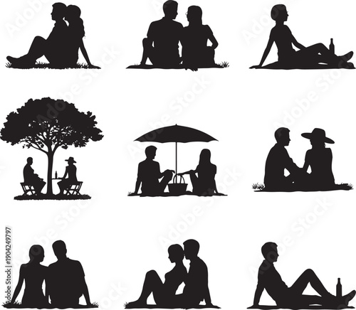Black silhouettes of people sitting and relaxing in various poses outdoors