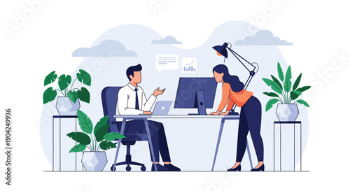 Two business professionals collaborating at a desk in a modern office with computers and indoor plants.