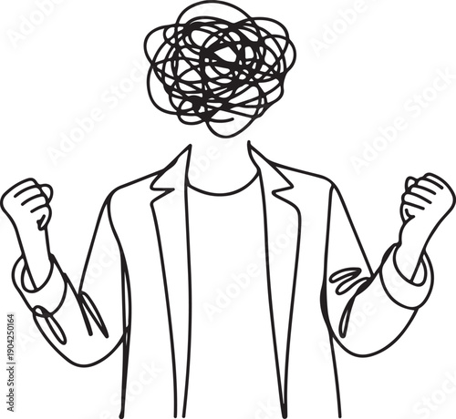 Continuous one line drawing businesswoman with round scribbles instead of head. Angry woman raised fist, shout or screaming expression. Woman expresses negative emotion. Single line draw design vector