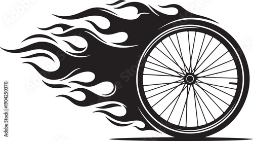 Flaming bicycle wheel with motion blur and fire effects stylized graphic design element