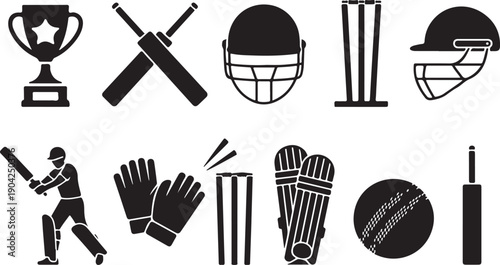 Cricket related icon set. Cricket game vector collection isolated on transparent background. Ball, Bat, gloves, best man, helmet, wicket, cup trophy and cap or more elements. Sports sign for web app
