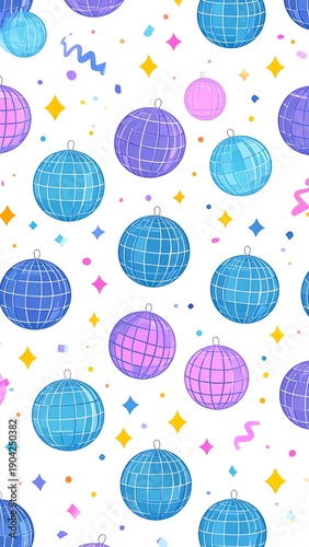 Colorful disco balls in shades of blue and purple scattered against a white background