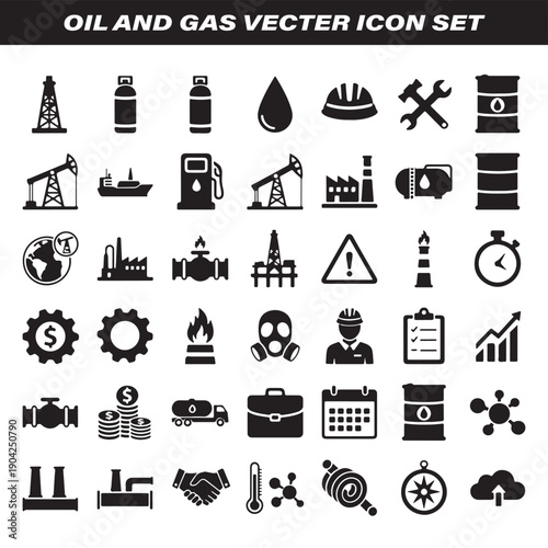 Oil And Gas Vector Icon Set, Energy Industry Icons, Petroleum Fuel Symbols, Oil Gas Production Graphics, Energy Resource Icons, Industrial Energy Set, Oil Gas Collection

