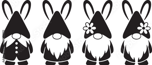 Cute Springtime gnome characters and flowers black silhouette design set. Transparent background. SVG