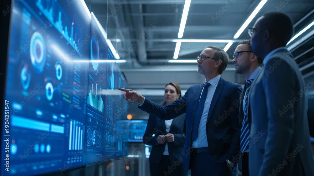 Diverse business professionals analyzing complex data on large ...