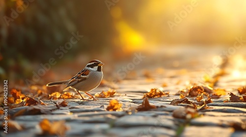 Sparrow hopping playfully on a cobblestone path surrounded by autumn leaves as the golden light of a setting sun casts long shadows across the scene