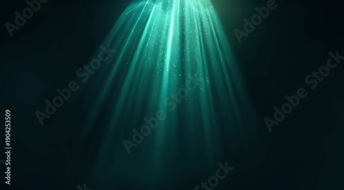 Looping teal god rays with floating particles in dark haze
