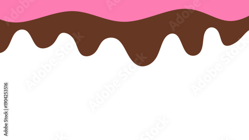 Sweet melting chocolate and pink strawberry icing glaze background. Melted syrup or dripping liquid sauce. Minimalist sweet chocolate and strawberry pink background.