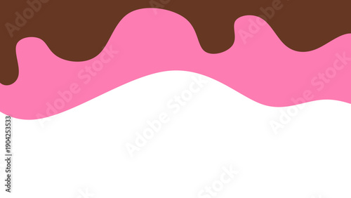 Sweet melting chocolate and pink strawberry icing glaze background. Melted syrup or dripping liquid sauce. Minimalist sweet chocolate and strawberry pink background.
