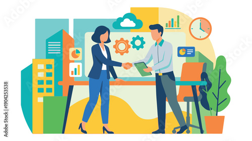Business partnership handshake in a modern office with data and technology icons