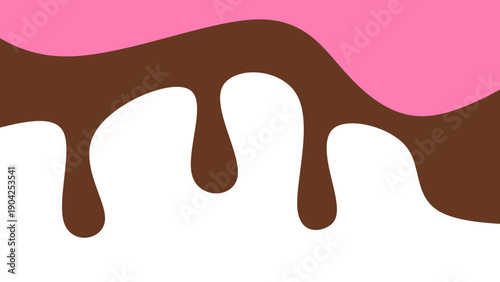 Sweet melting chocolate and pink strawberry icing glaze background. Melted syrup or dripping liquid sauce. Minimalist sweet chocolate and strawberry pink background.