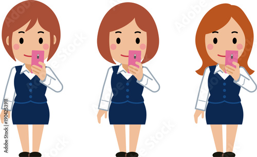 スマホを見るネイビー事務服の若い女性