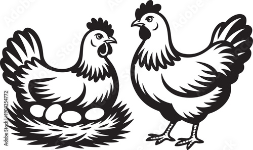 Hen with eggs in nest and chicken bird for poultry farm industry. Hand drawn black and white emblem vector illustration
