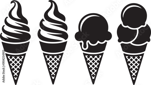 Ice cream vector icons set with four classic dessert designs in black