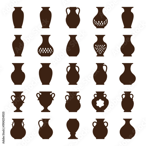 Ceramic Vase Pot Icon Set, Pottery Vessel PNG, Clay Jar Symbol Clipart, Antique Urn Vector SVG, Decorative Pot Icons, Traditional Pottery Graphics, Flower Vase Collection

