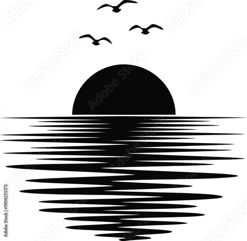Sunset over Sea with Birds Silhouette Vector