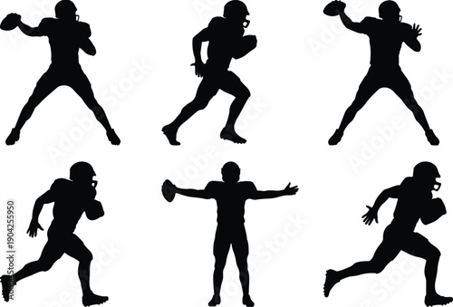 Dynamic American football player silhouettes on white.